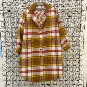 Sundance Doran Plaid Wool Button Down Longline Coat Blazer mustard red white XL